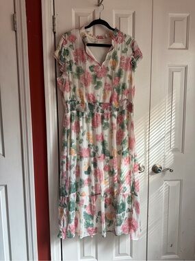 Floral V-Neck Midi Dress in White with Pink & Green Print